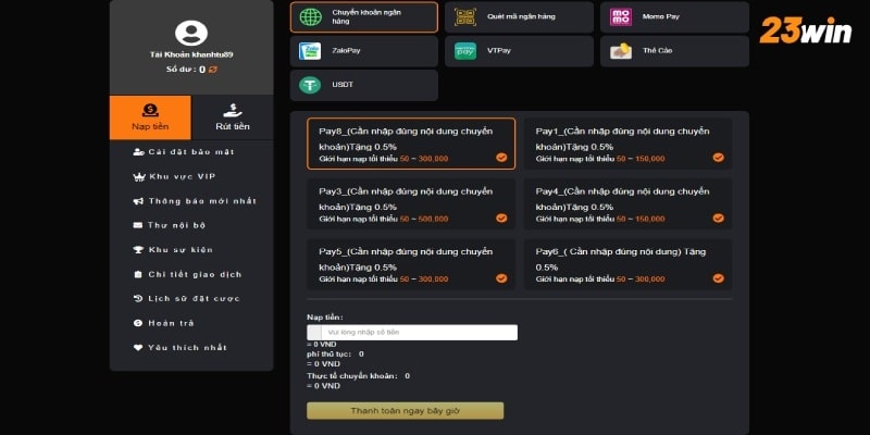 Nạp tiền 23WIN qua ngân hàng